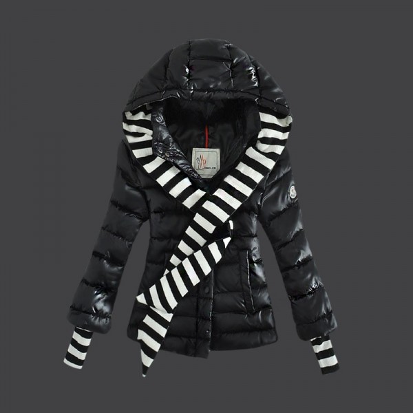 Moncler Donna Giù cappotto nero con strisce Decora Presa M1047